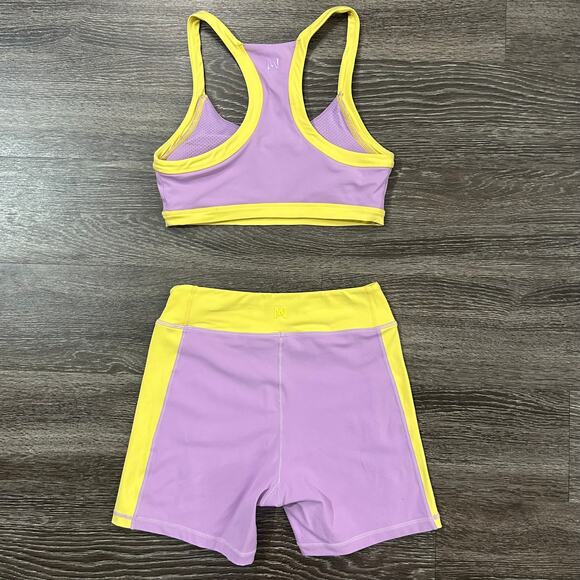 MESHKI Becca Two Tone Lilac & Yellow Workout Set Sports Bra & Biker Shorts EUC - Picture 16 of 16
